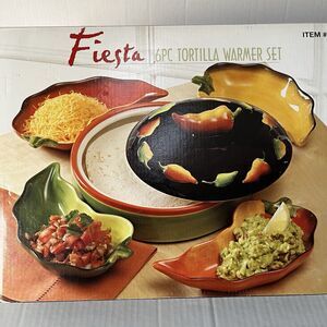 Clay Art Handpainted Chili Fiesta Ceramic Tortilla Warmer W/ Lid & 4 Sauce Trays